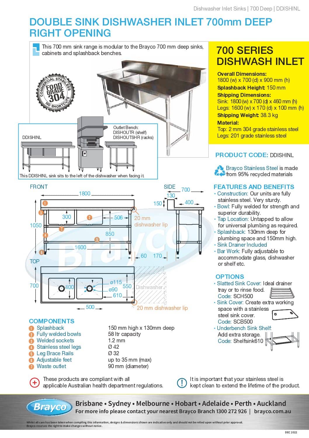 Stainless Double Sink Dishwasher Inlet Bench Left Configuration X