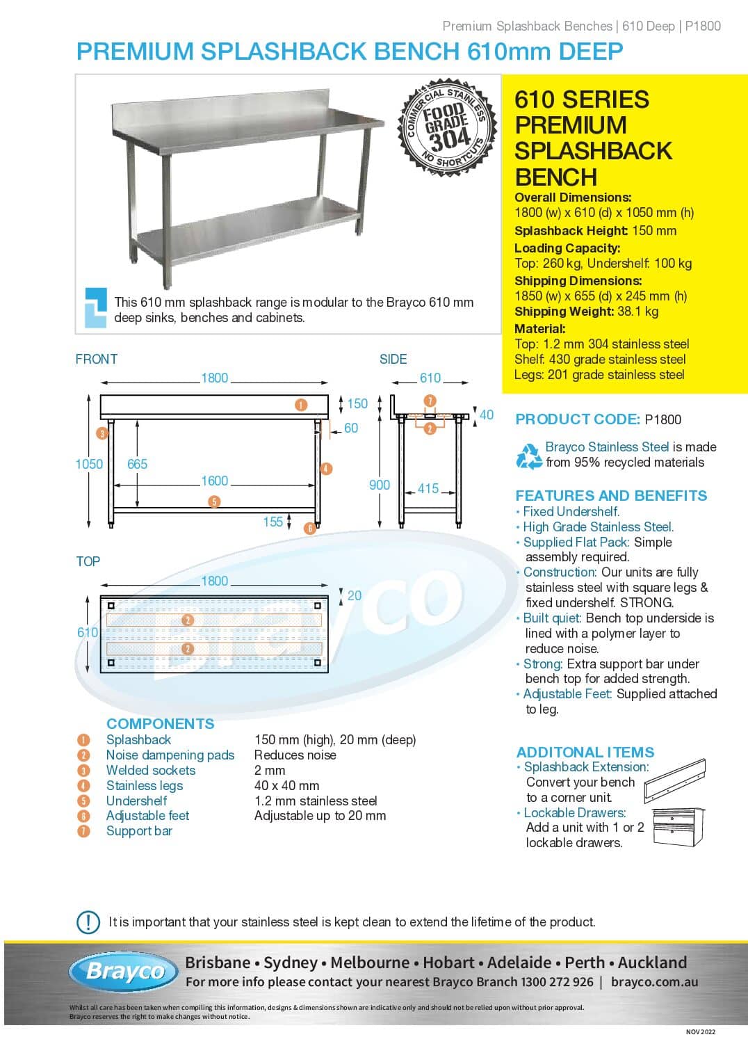 Premium Commercial 304 Grade Stainless Steel Splashback Bench 1800 X