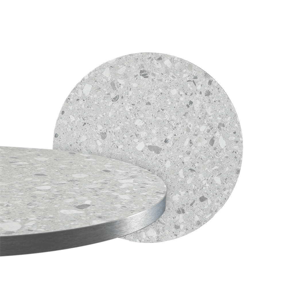 Round Ciro Melamine Table Top, Grey Terrazzo with Silver Edge - Image 1