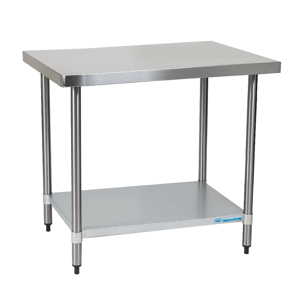 ECO12070-angled-3-Chairforce Economy 430 Grade Stainless Steel Flat Bench 1200 x 700 x 900mm high - Image 1