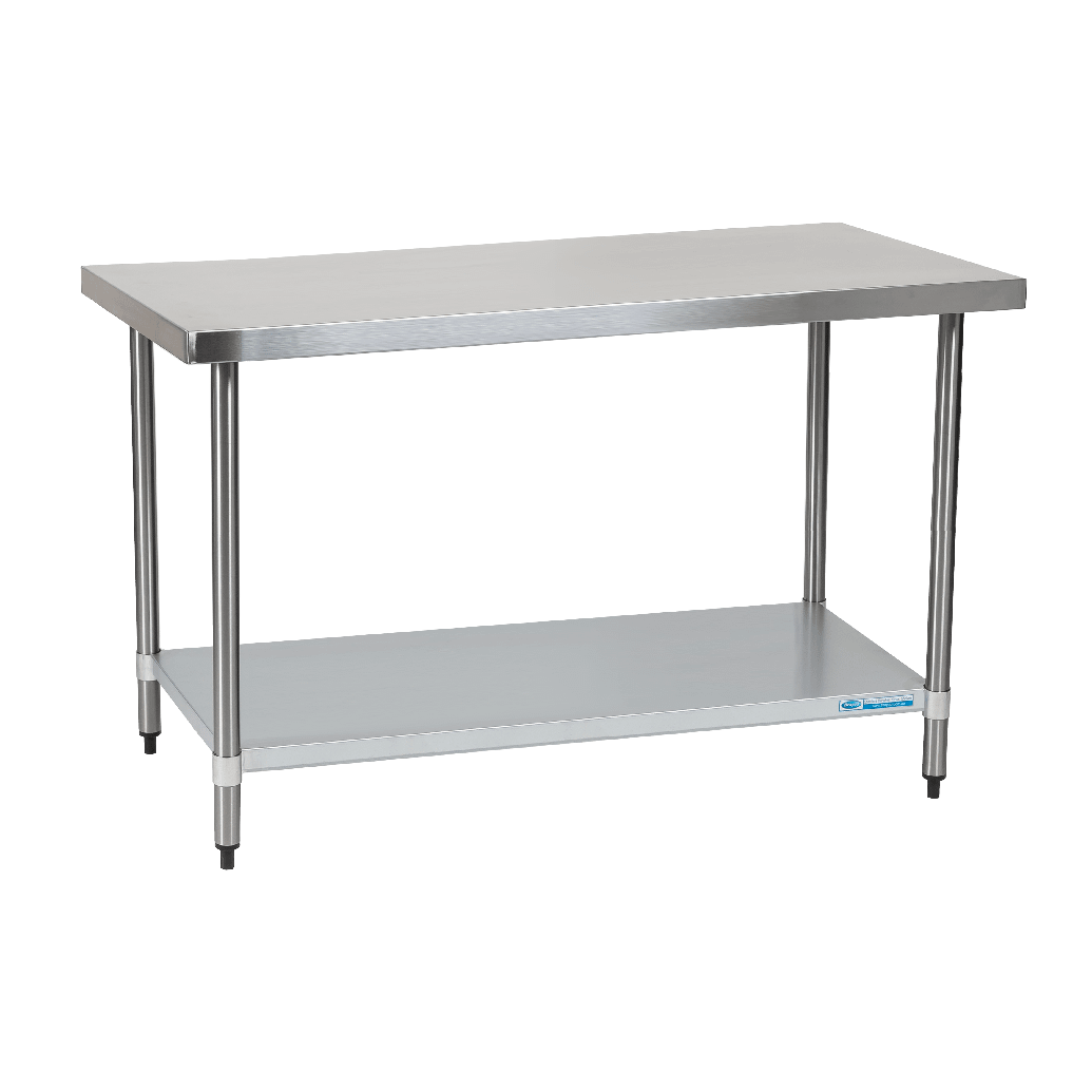 ECO16070-angled-3-Chairforce Economy 430 Grade Stainless Steel Flat Bench 1600 x 610 x 900mm high - Image 1