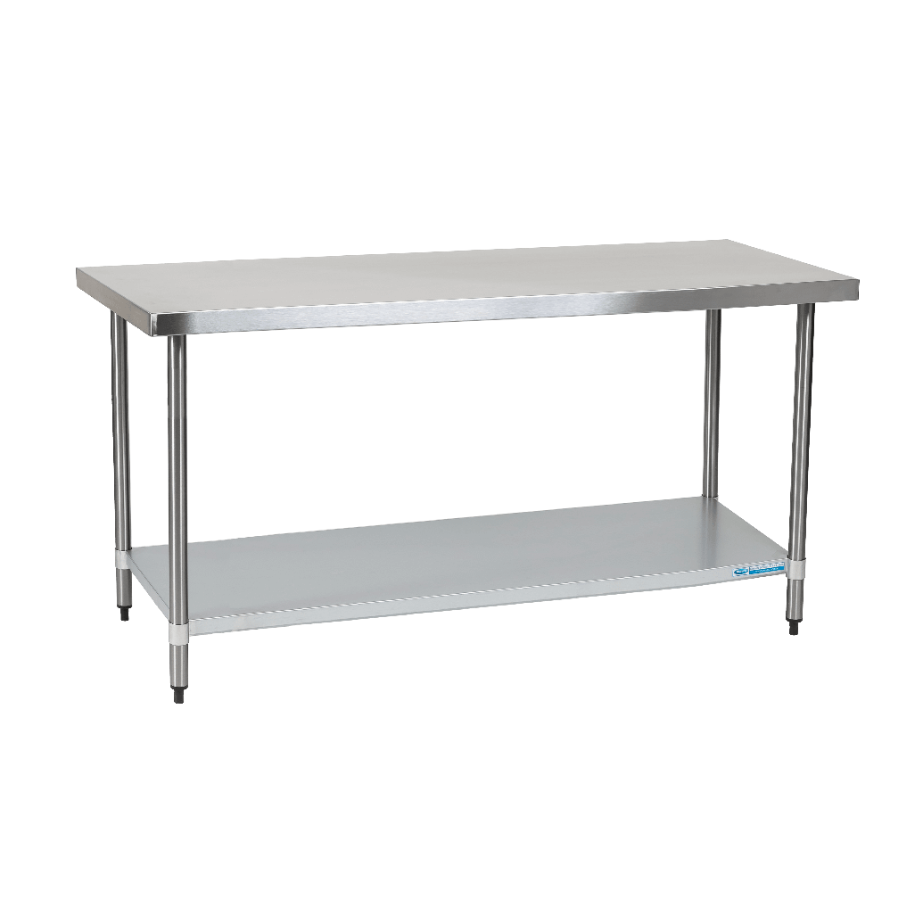 ECO18070-angled-3-Chairforce Economy 430 Grade Stainless Steel Flat Bench 1800 x 610 x 900mm high - Image 1