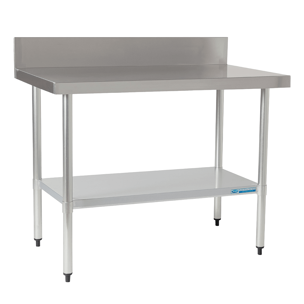 ECO12070SP_angled-chairforce Economy 430 Grade Stainless Steel Splashback Bench, 1200 x 700 x 900mm high - Image 1