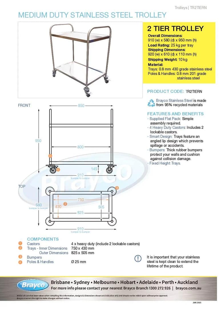 Stainless Steel 2 Tier Kitchen Trolley 825 x 530mm - Image 3
