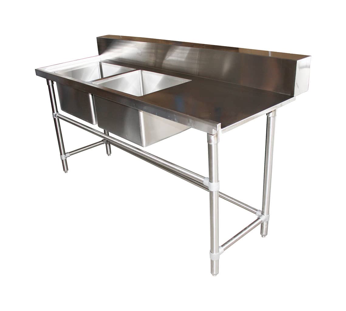 Stainless Double Sink Dishwasher Inlet Bench, Left Configuration 1800 x 700 x 900mm high.