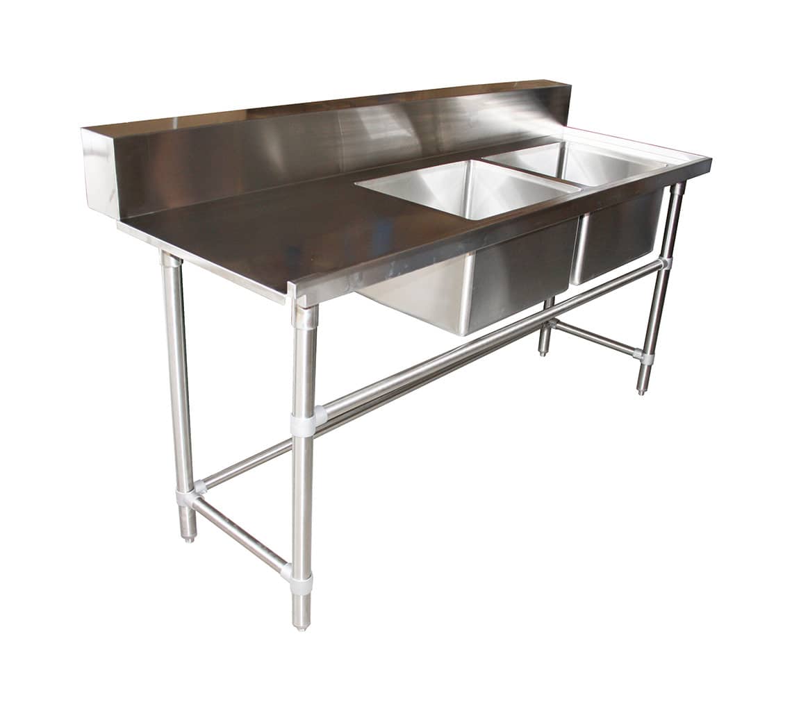 Stainless Steel Commercial Double Sink Dishwasher Inlet Bench, Right Configuration 1800 x 700 x 900mm high.