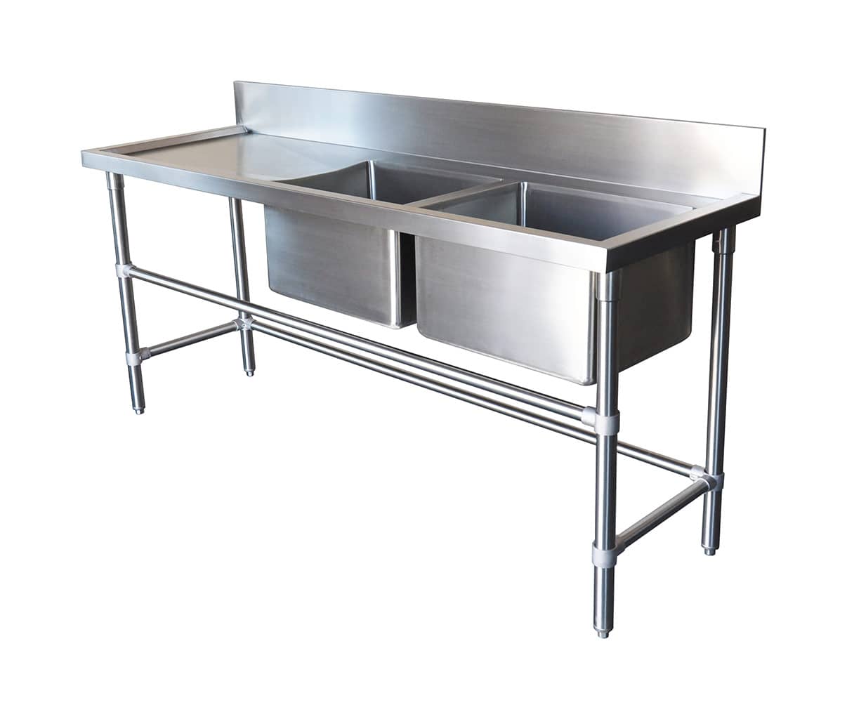 Double Bowl Stainless Commercial Sink - Left Bench, 1900 x 610 x 900mm high.