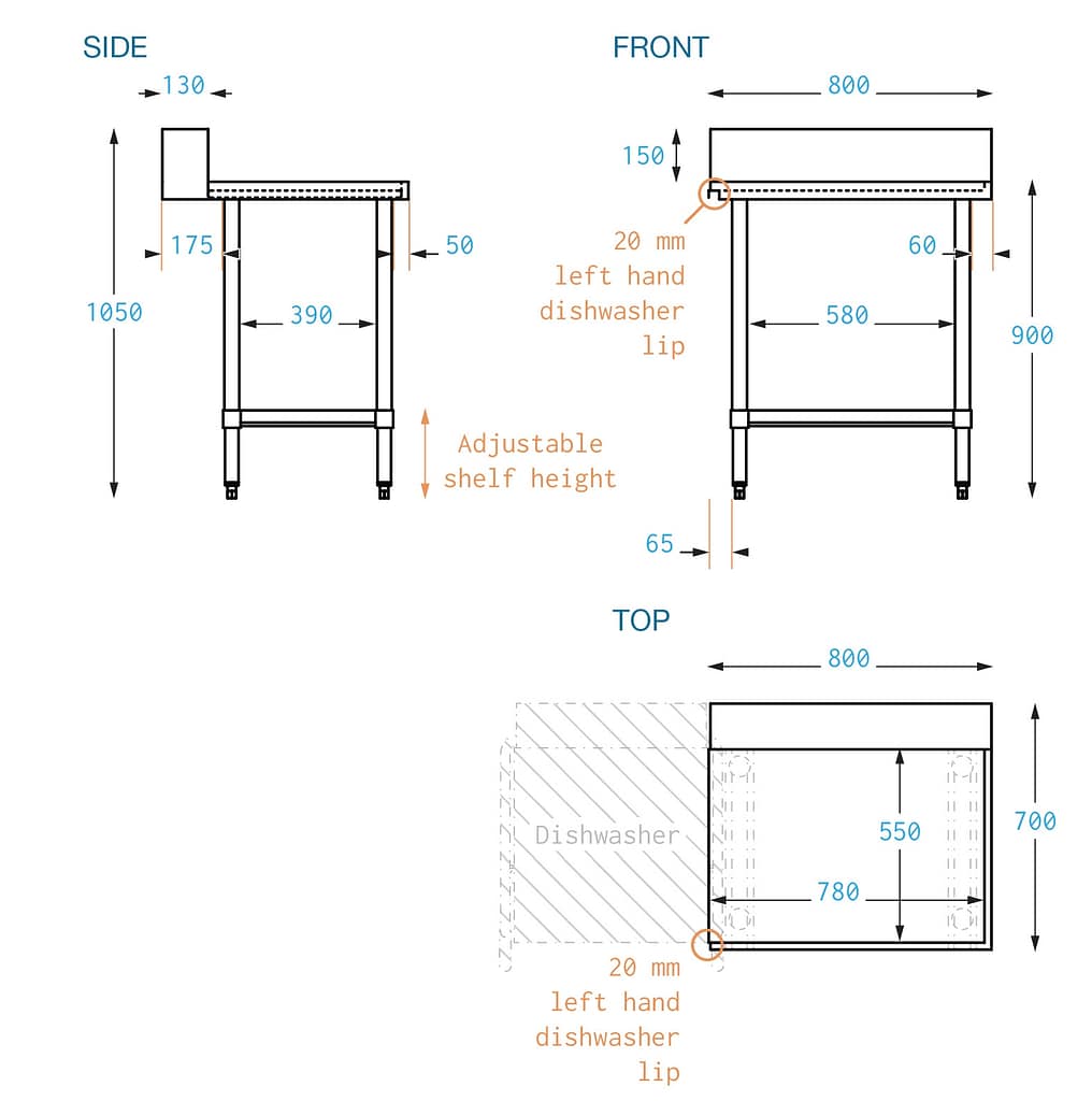 Stainless Dishwasher Outlet Bench, Left Outlet, 800 x 700 x 900mm high