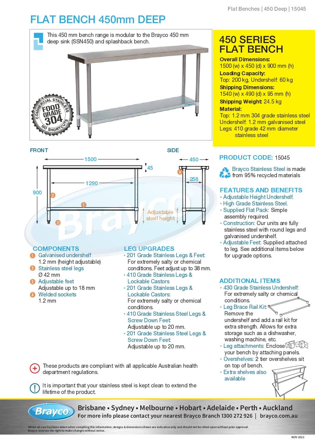 Commercial Grade Stainless Steel Flat Bench 1500 x 450 x 900mm high ...