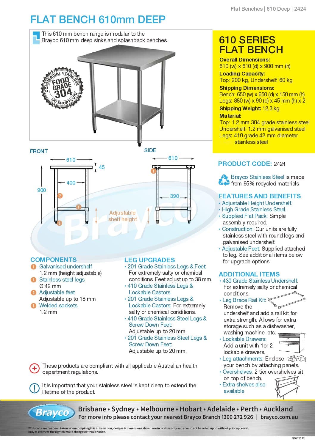 Commercial Grade Stainless Steel Flat Bench, 610 x 610 x 900mm high