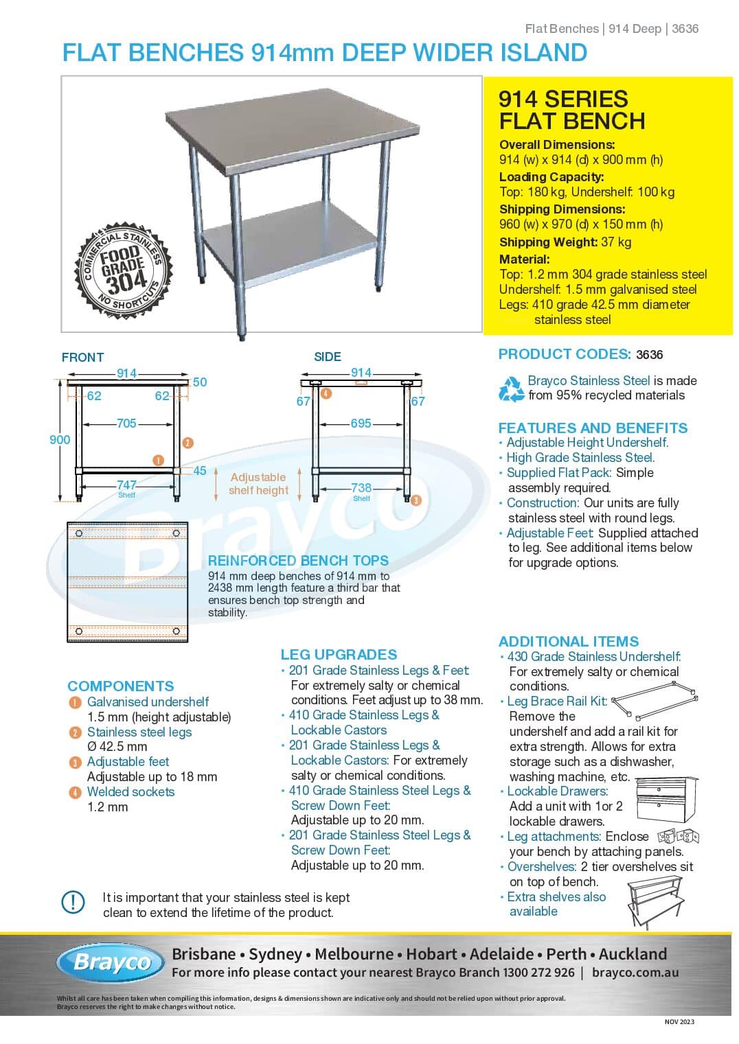 Commercial Grade Stainless Steel Bench, 914 x 914 x 900mm high - Brayco ...