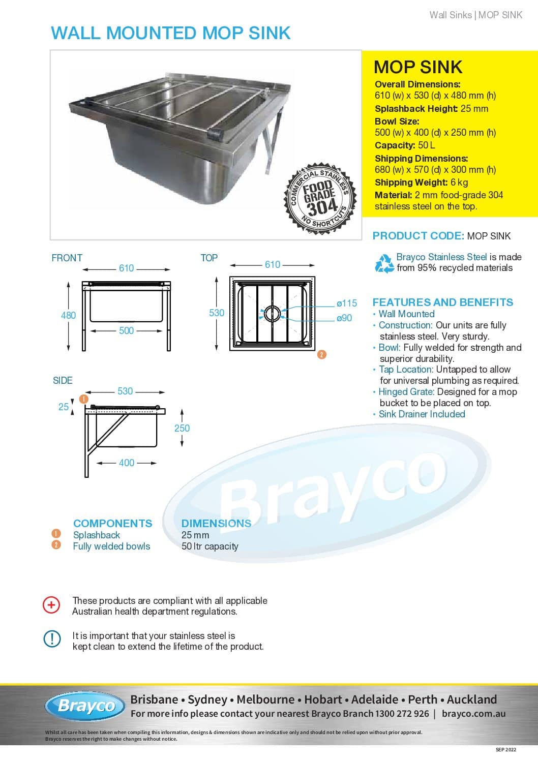 Stainless Steel Commercial Kitchen Wall Mounted Mop Sink