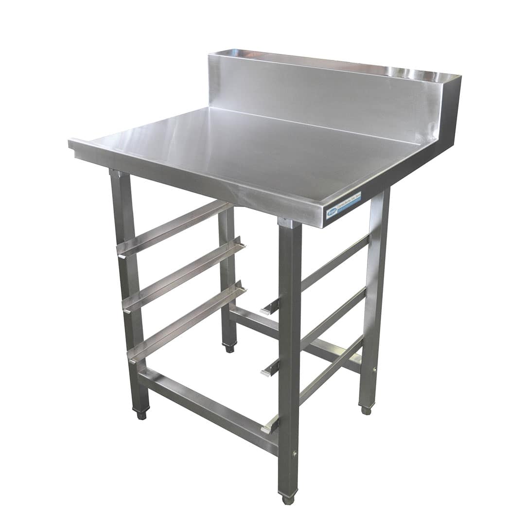 Stainless Dishwasher Outlet Bench, with Undershelves, Left Outlet, 800 x 700 x 900mm high