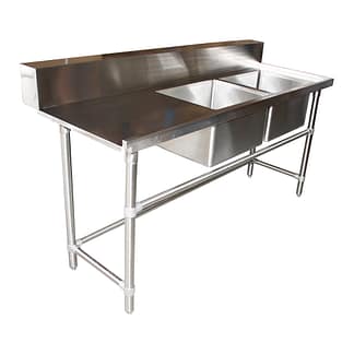 Stainless Steel Commercial Double Sink Dishwasher Inlet Bench, Right Configuration 1800 x 700 x 900mm high.