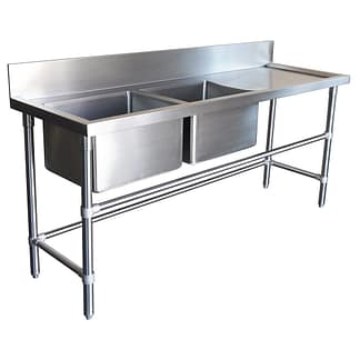 Double Bowl Stainless Sinks - Right Bench, 1900 x 610 x 900mm high.