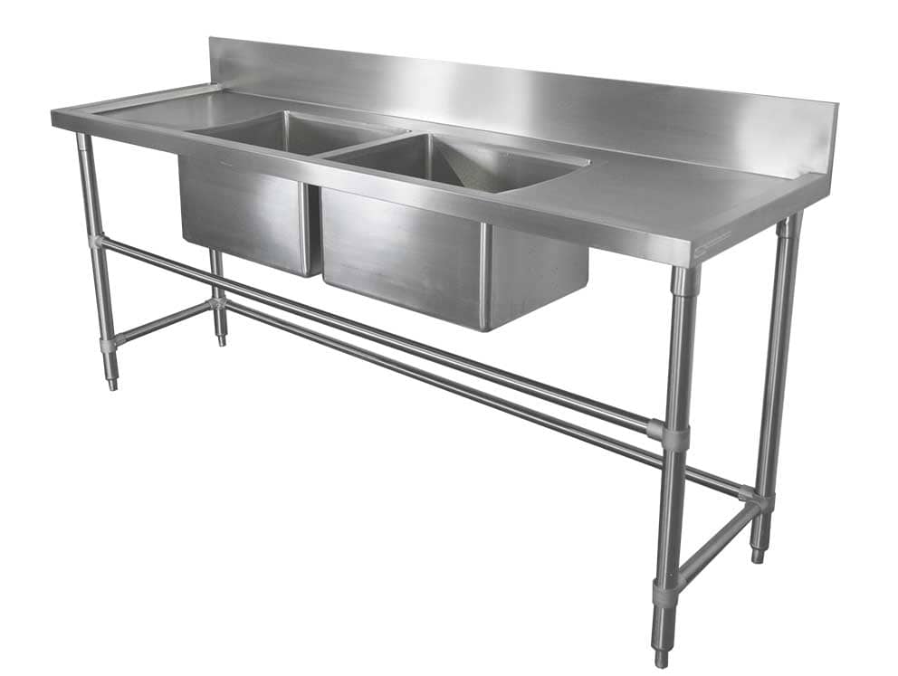 Stainless Double Bowl Restaurant Sink Right And Left Bench 2000 X 610 X 900mm High Brayco 5026