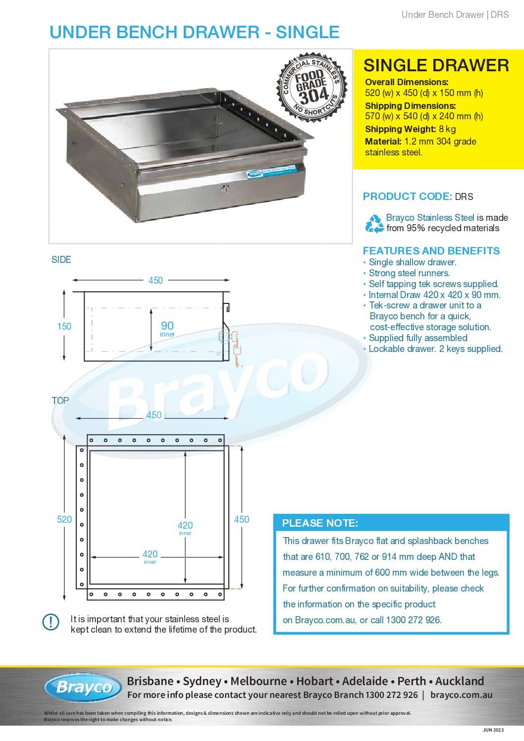 Single Underbench Drawer For Stainless Benches Brayco Commercial Pty Ltd 