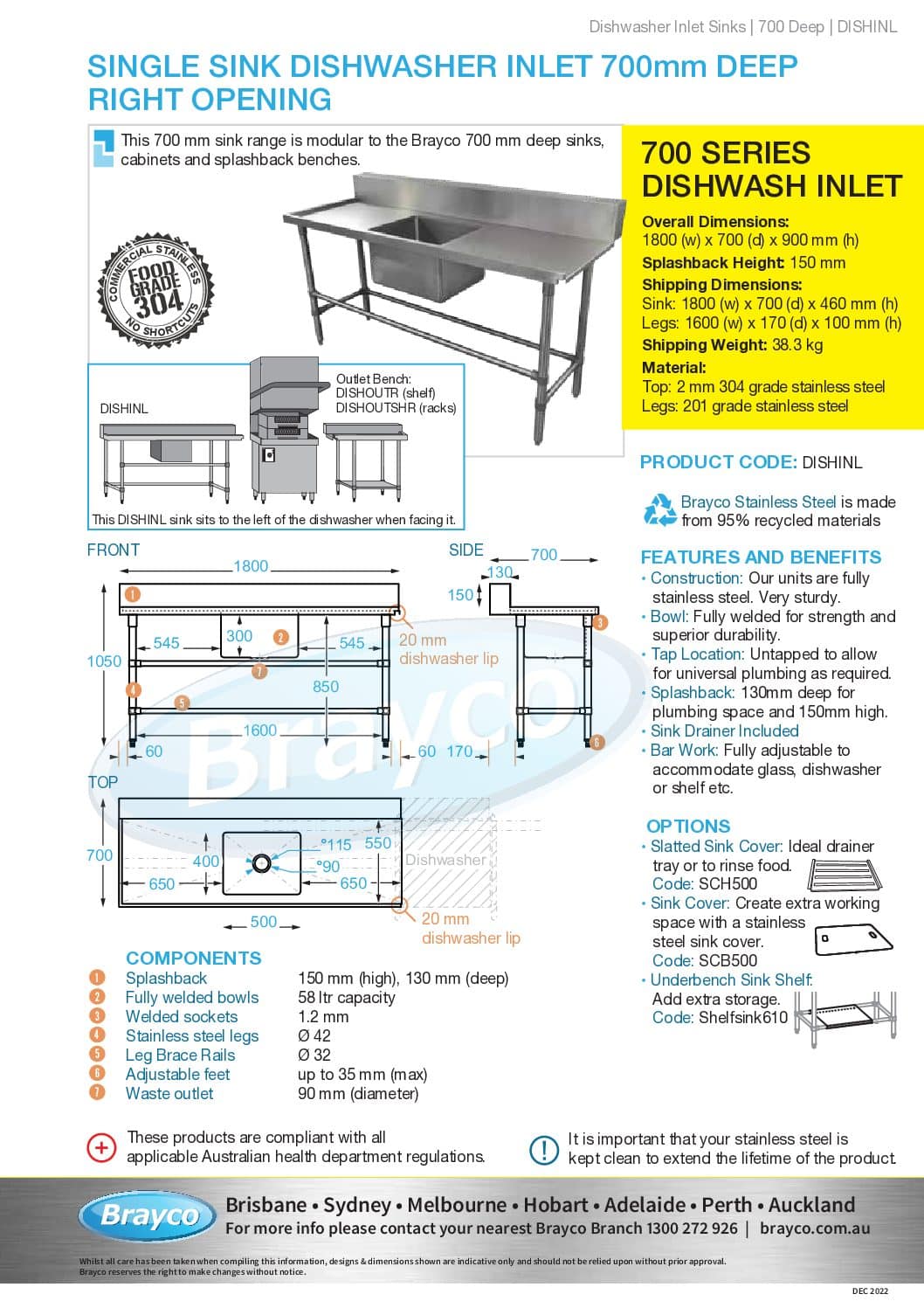 Stainless Dishwasher Inlet Bench, Left Configuration. 1800 x 700 x