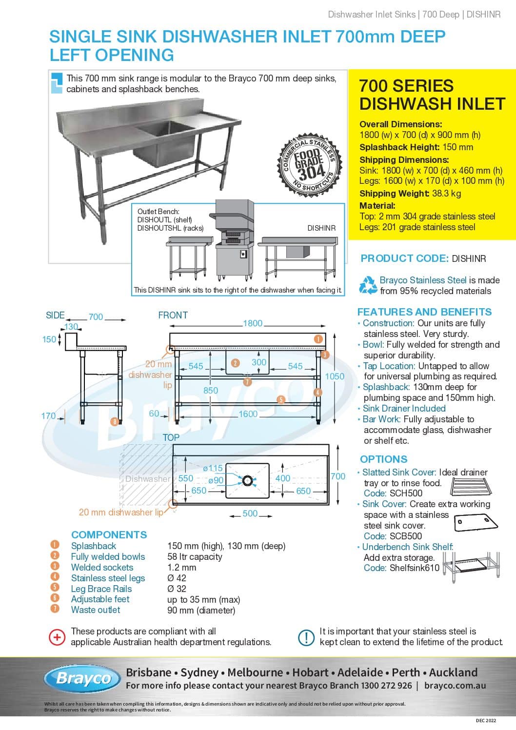 Stainless Dishwasher Inlet Bench, Right Configuration. 1800 x 700 x