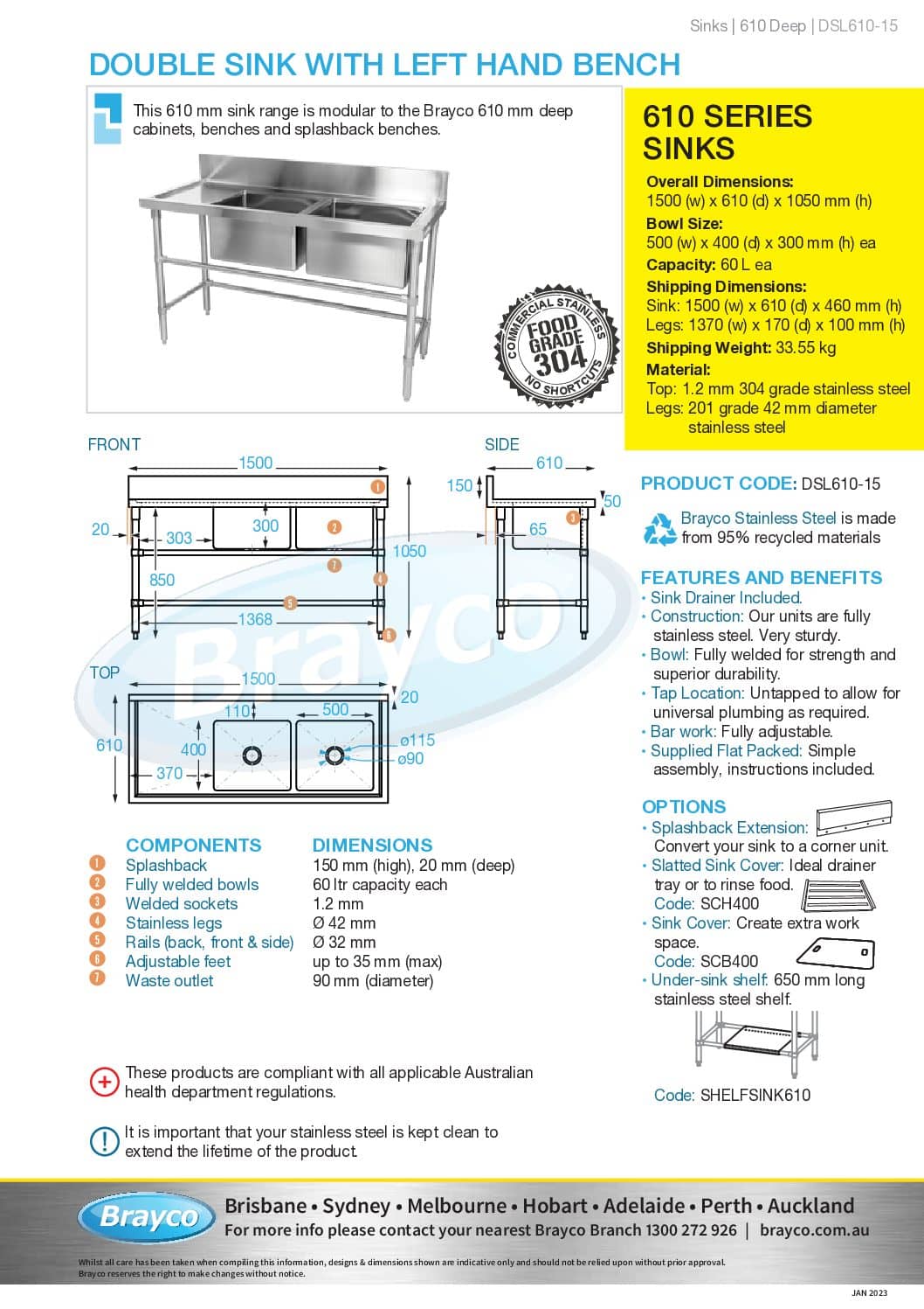 Double Bowl Stainless Sink Left Bench 1500 X 610 X 900mm High Brayco Commercial Pty Ltd 1597