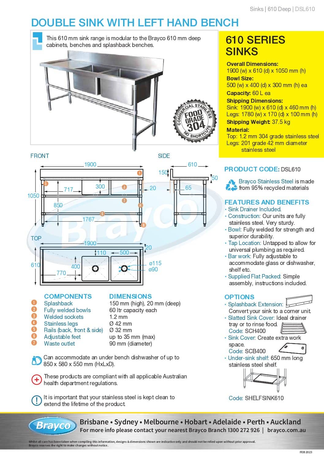 Double Bowl Stainless Commercial Sink Left Bench 1900 X 610 X 900mm High Brayco Commercial 8123