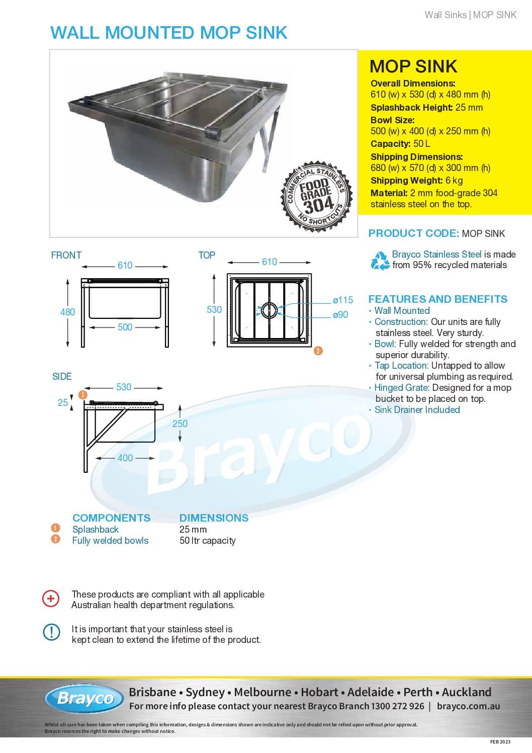 Stainless Steel Commercial Kitchen Wall Mounted Mop Sink