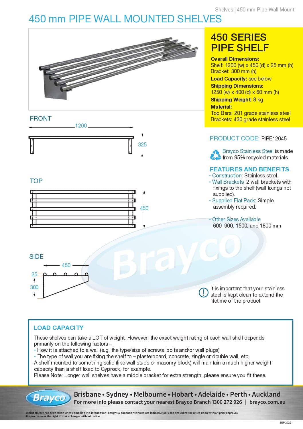 Stainless Steel Pipe Wall Shelf, 1200 X 450mm deep - Brayco Commercial ...