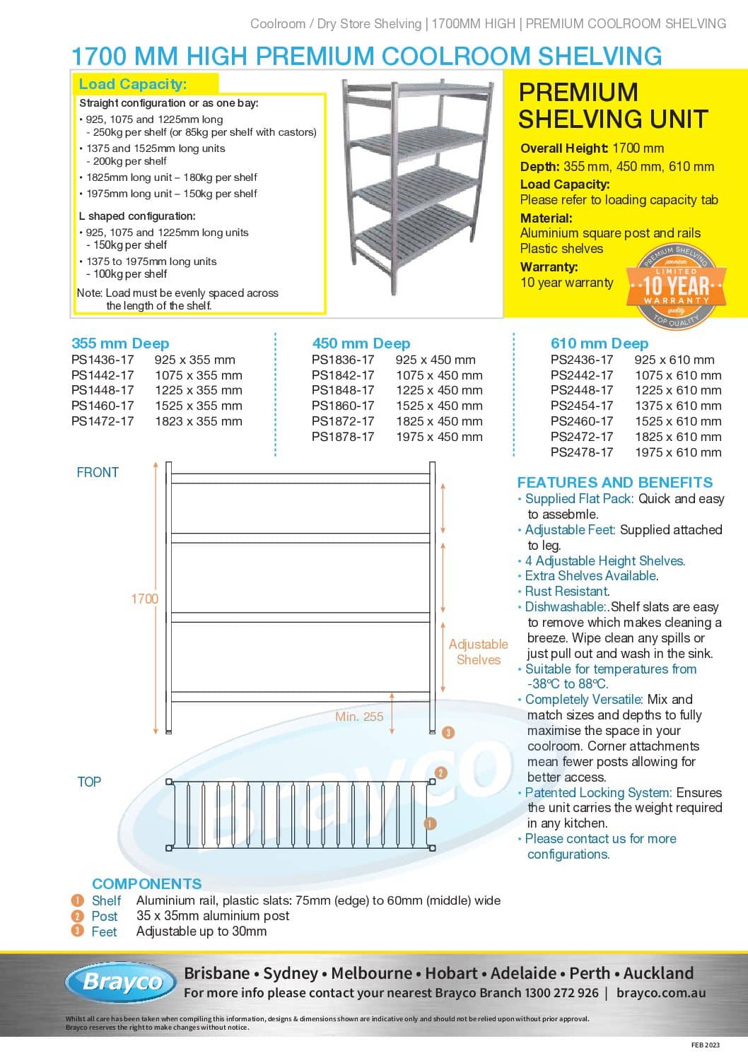 Complete Bay for 925 x 355 deep x 1700mm high Premium Coolroom Shelving ...