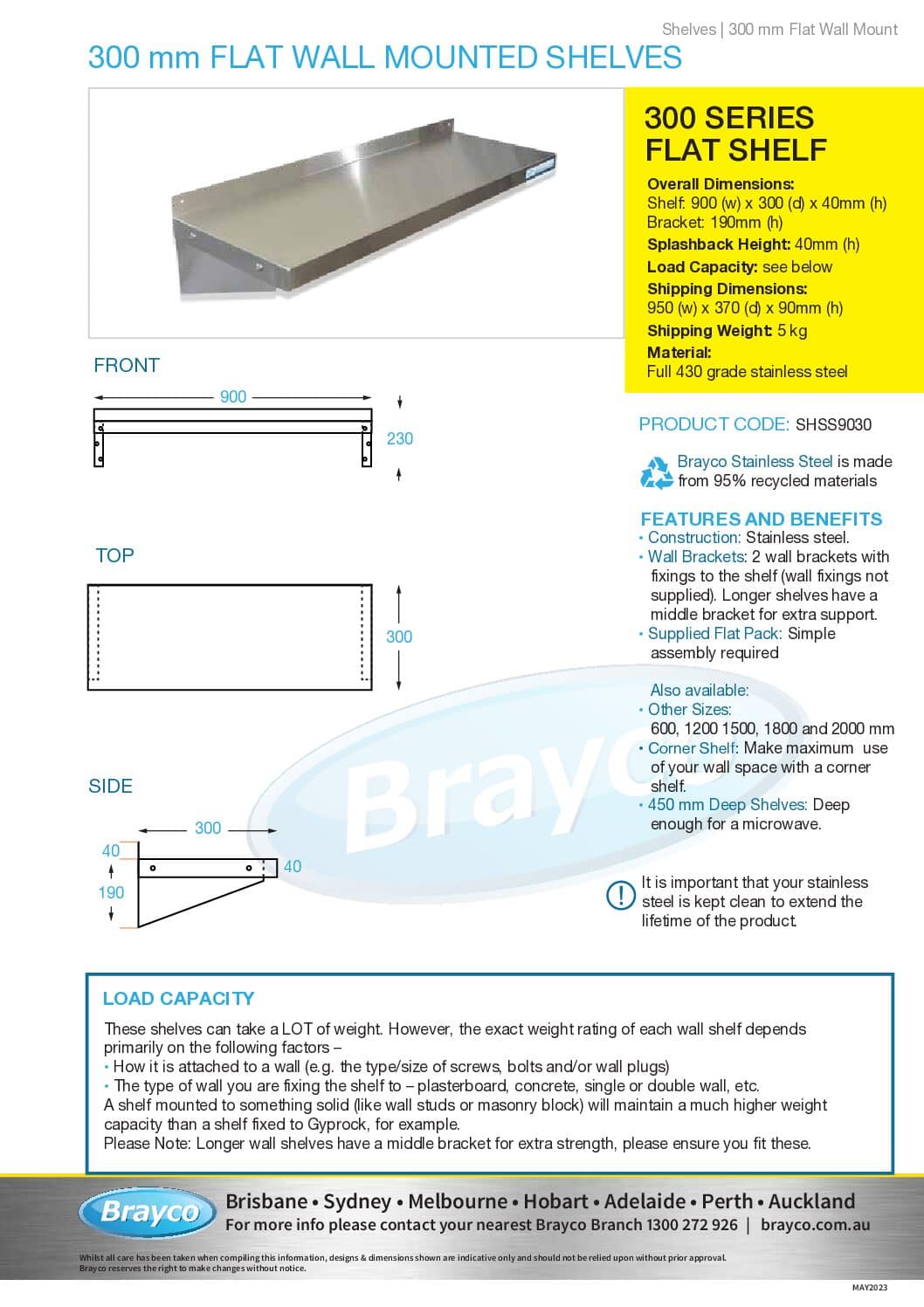 Stainless Steel Solid Wall Shelf, 900 X 300mm deep Brayco Commercial