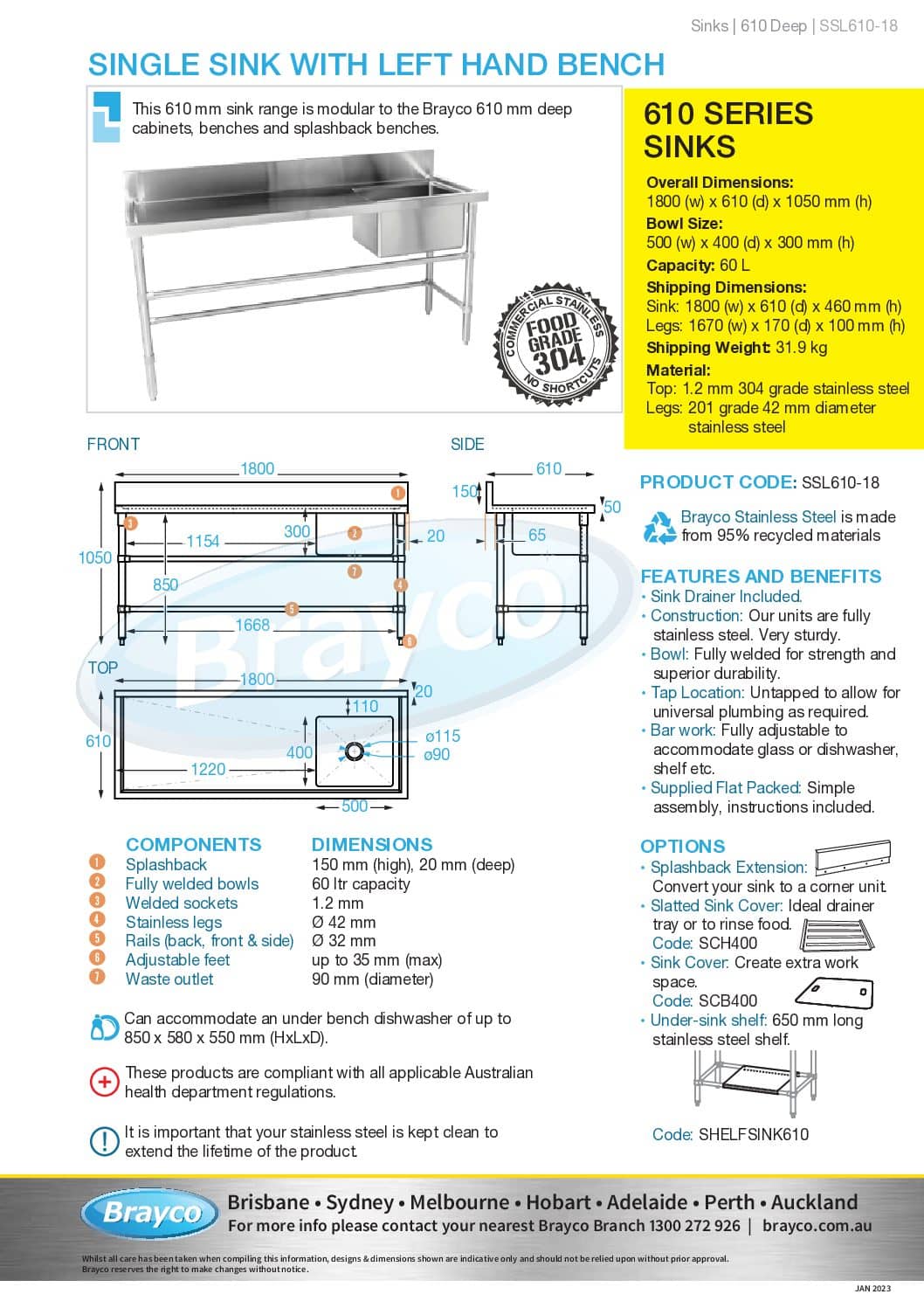 Stainless Sinks Left Bench 1800 X 610 X 900mm High Brayco Commercial Pty Ltd 9456