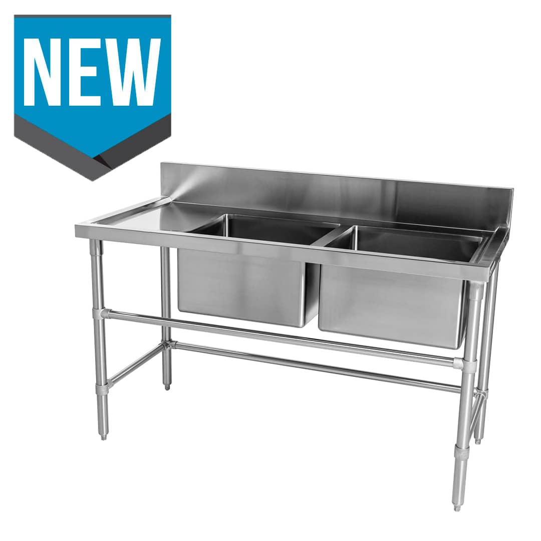 Double Bowl Stainless Restaurant Sink Left Bench 1500 X 700 X 900mm High Brayco Commercial 8408