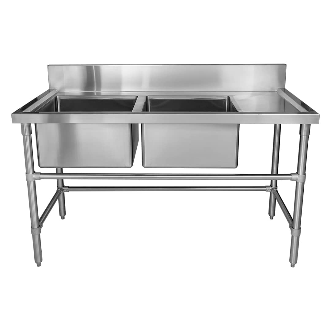 Double Bowl Stainless Restaurant Sink Right Bench 1500 X 700 X 900mm High Brayco Commercial 7226