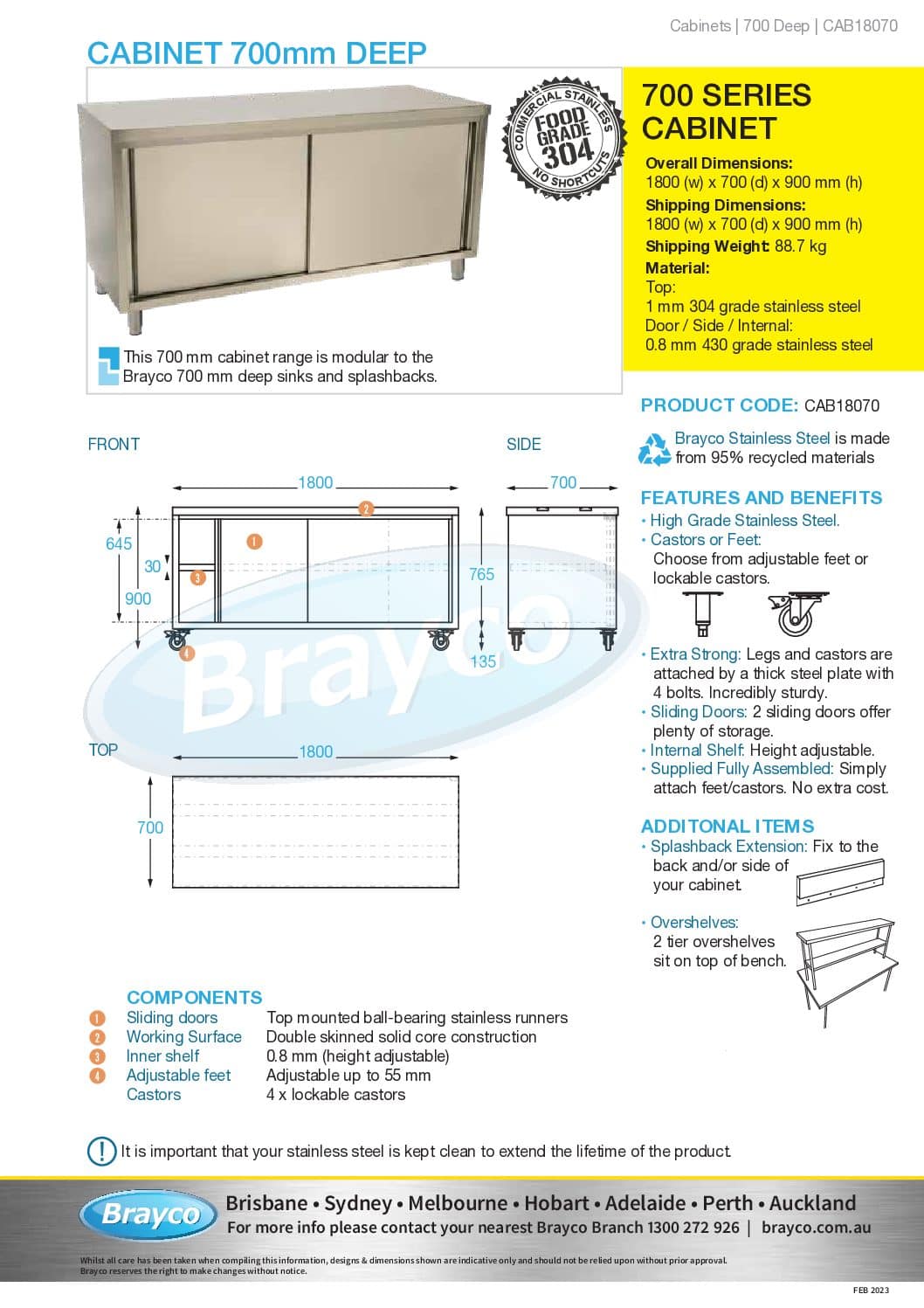 Stainless Steel Restaurant 1800 x 700 x 900mm high Brayco