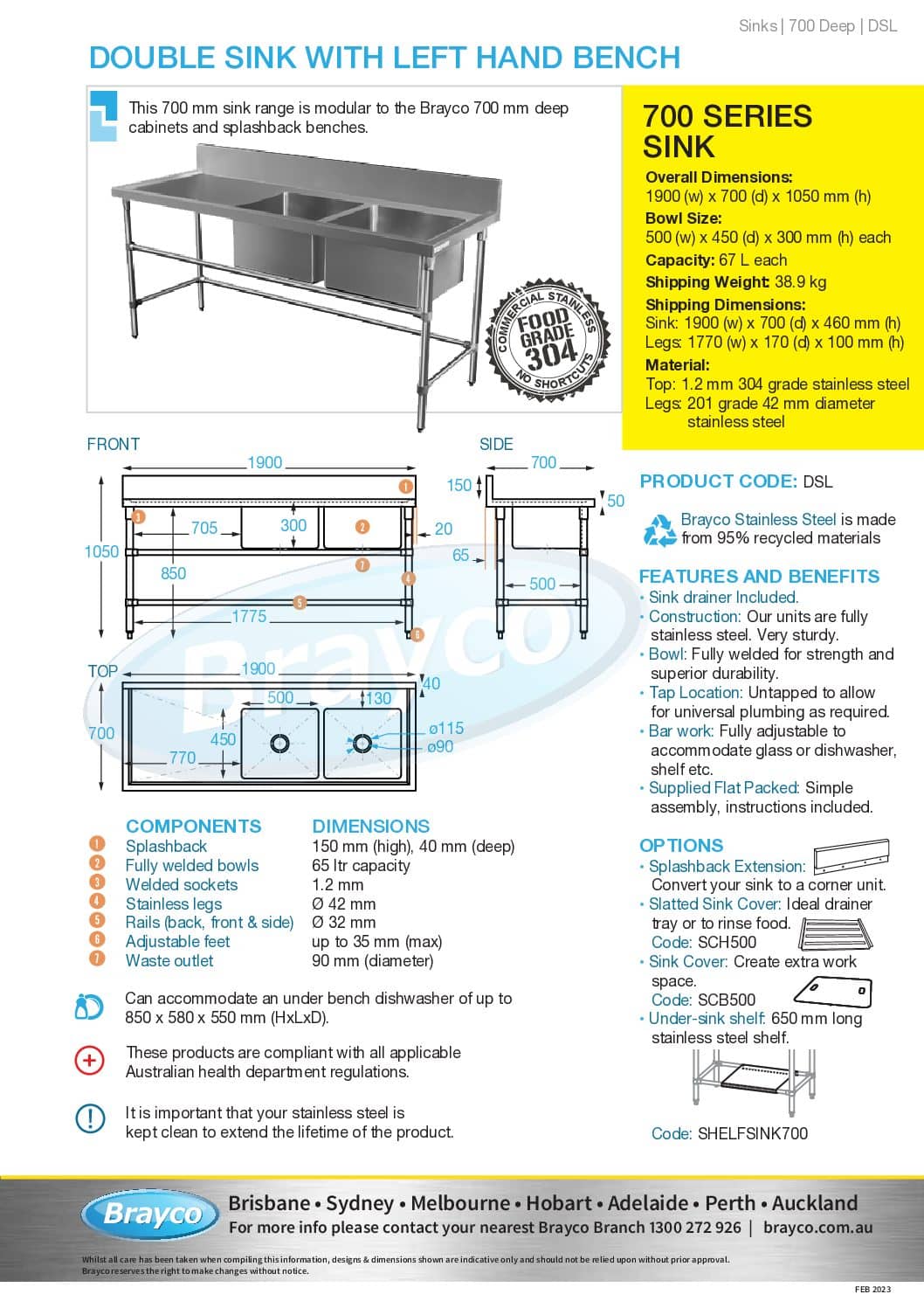 Double Bowl Stainless Restaurant Sink Left Bench 1900 X 700 X 900mm High Brayco Commercial 0747