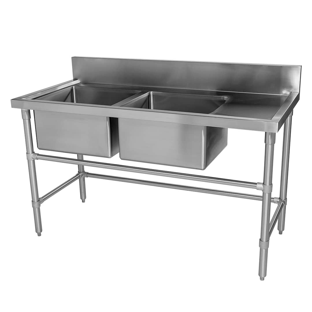 Double Bowl Stainless Restaurant Sink – Right Bench, 1500 x 700 x 900mm high