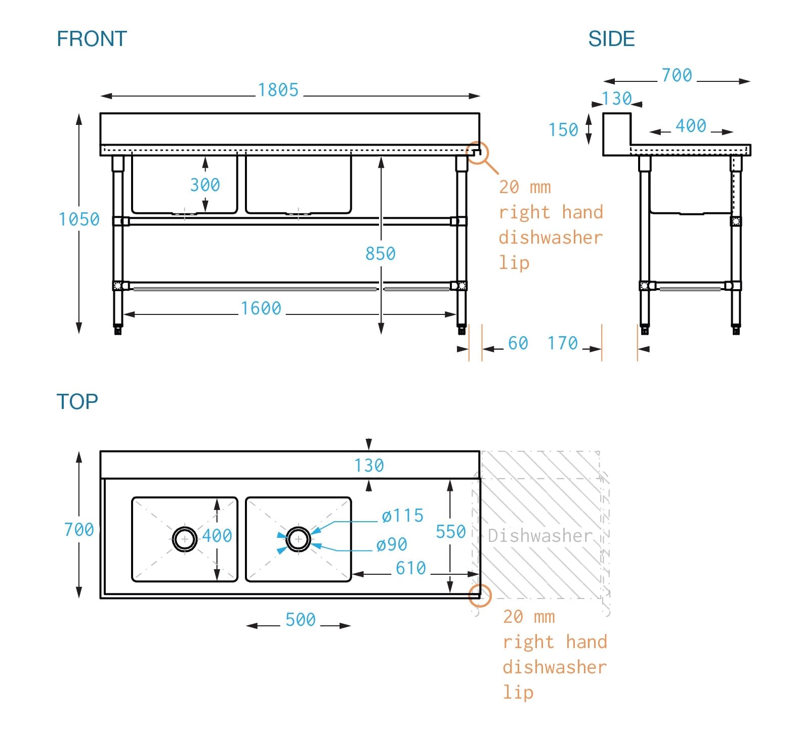 Stainless Double Sink Dishwasher Inlet Bench, Left Configuration 1800 x