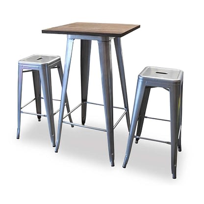 Replica Tolix Wooden Top Bar Table, 60 x 60 x 107cm, Silver Legs,