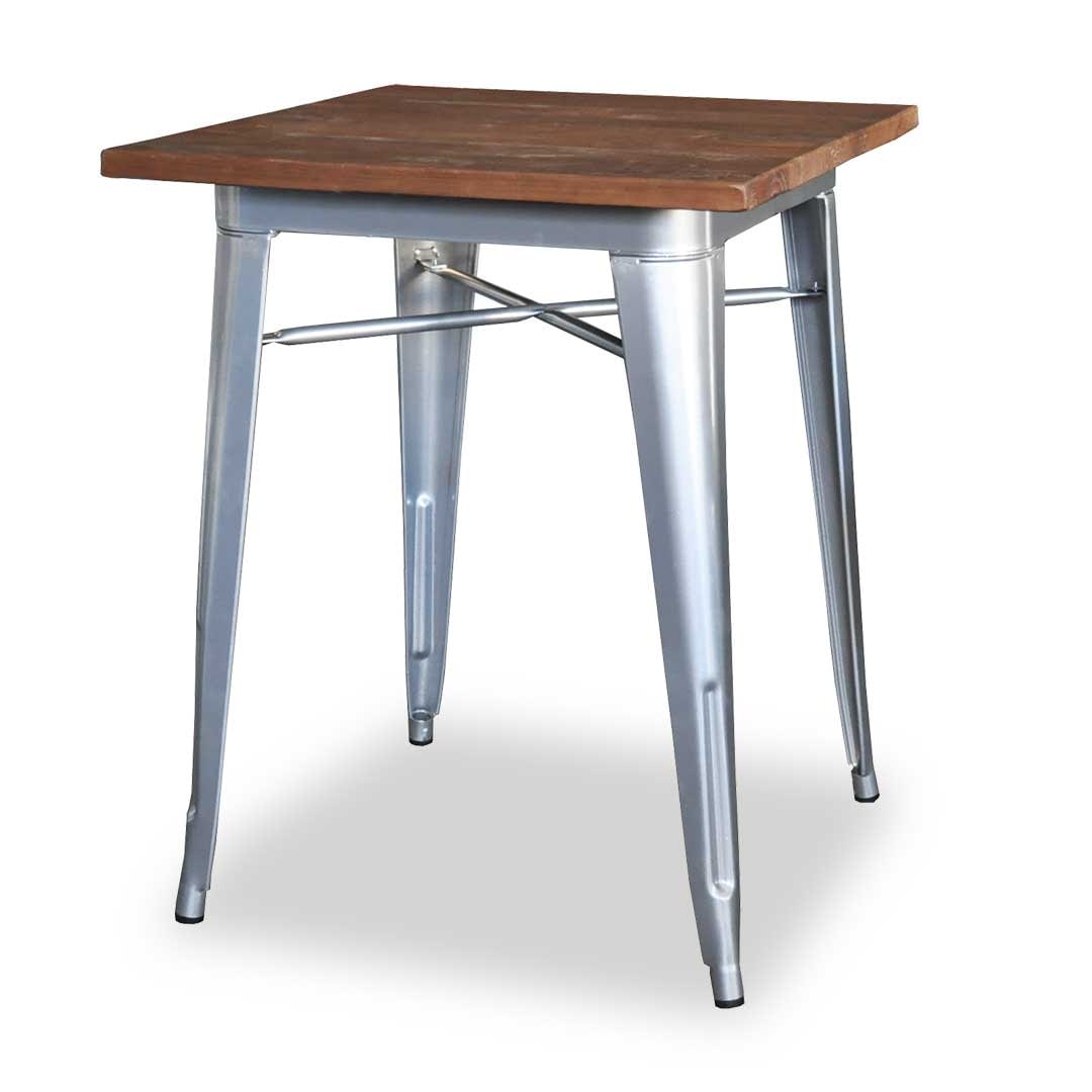 Replica Tolix Wooden Top Table, 70 x 70 x 75cm high, Silver Legs.