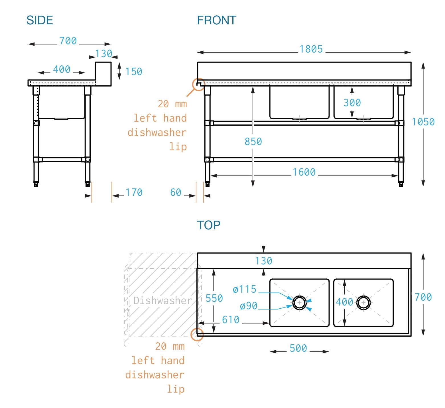 Stainless Steel Commercial Double Sink Dishwasher Inlet Bench Right Configuration 1800 X 700 X 900mm High Brayco Commercial Pty Ltd