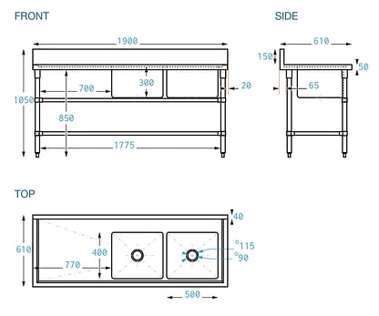 Double Bowl Stainless Commercial Sink Left Bench 1900 X 610 X 900mm High Brayco Commercial Pty Ltd