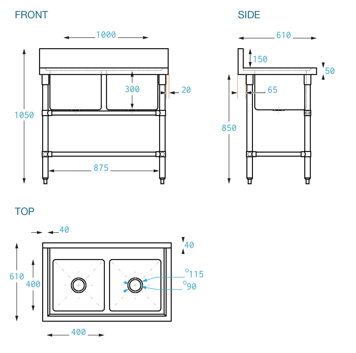 Double Stainless Steel Kitchen Sink, 1000 x 610 x 900mm high Brayco Commercial Pty Ltd