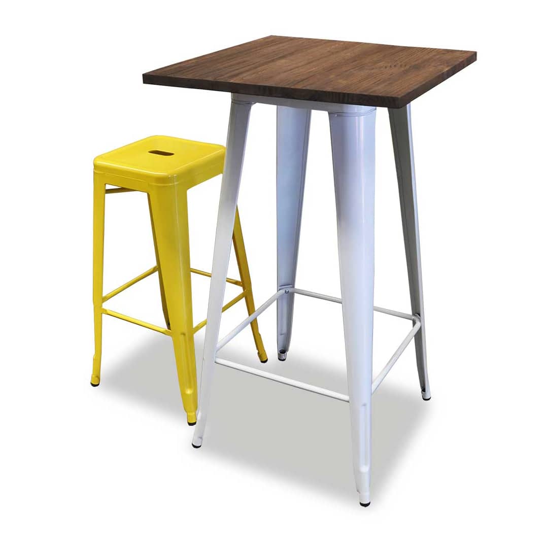 Replica Tolix Wooden Top Counter Table, 60 x 60 x 91cm, White Legs