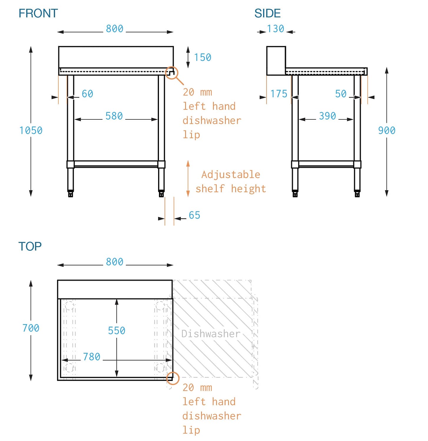 Stainless Dishwasher Outlet Bench, Right Outlet, 800 x 700 x 900mm high
