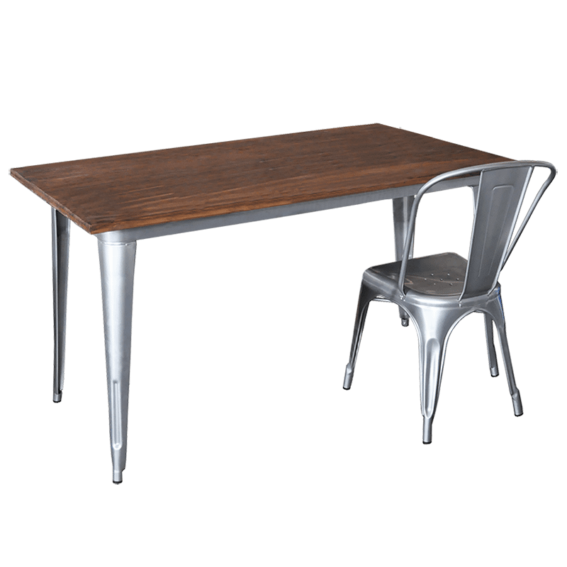 Replica Tolix Wooden Top Table, 140 x 70 x 75cm high, Silver Legs.