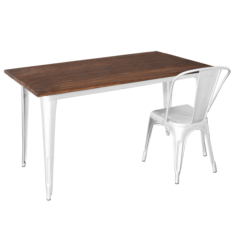 Replica Tolix Wooden Top Table, 140 x 80 x 75cm high, White Legs.