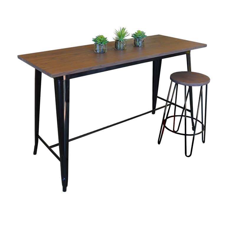 Replica Tolix Wooden Top Counter Height Table, 152 x 60 x 91cm high, Black Legs.