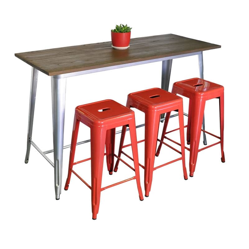 Replica Tolix Wooden Top Counter Height Table, 152 x 60 x 91cm high, Silver Legs.
