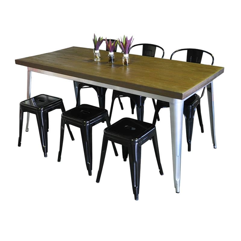 Replica Tolix Wooden Top Table, 180 x 80 x 75cm high, Silver Legs.