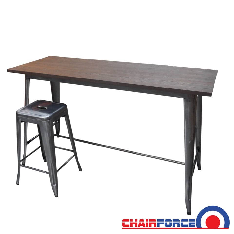 Replica Tolix Wooden Top Counter Height Table, 152 x 60 x 91cm high, Raw Steel Legs